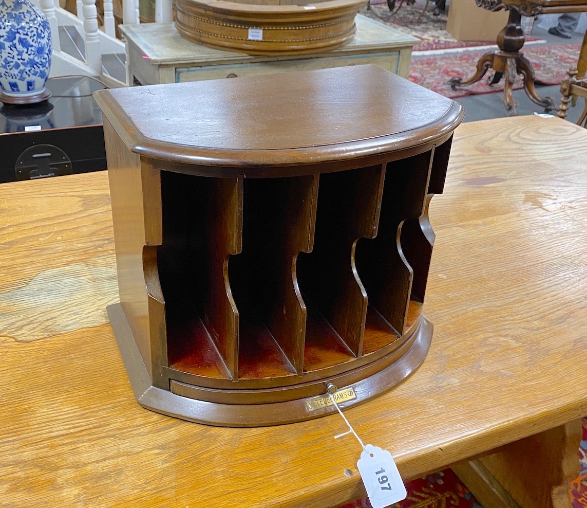 A J. G. Vickery mahogany bow front country house five division telegram filing box with pull out stationery drawer, width 36cm, depth 26cm, height 29cm